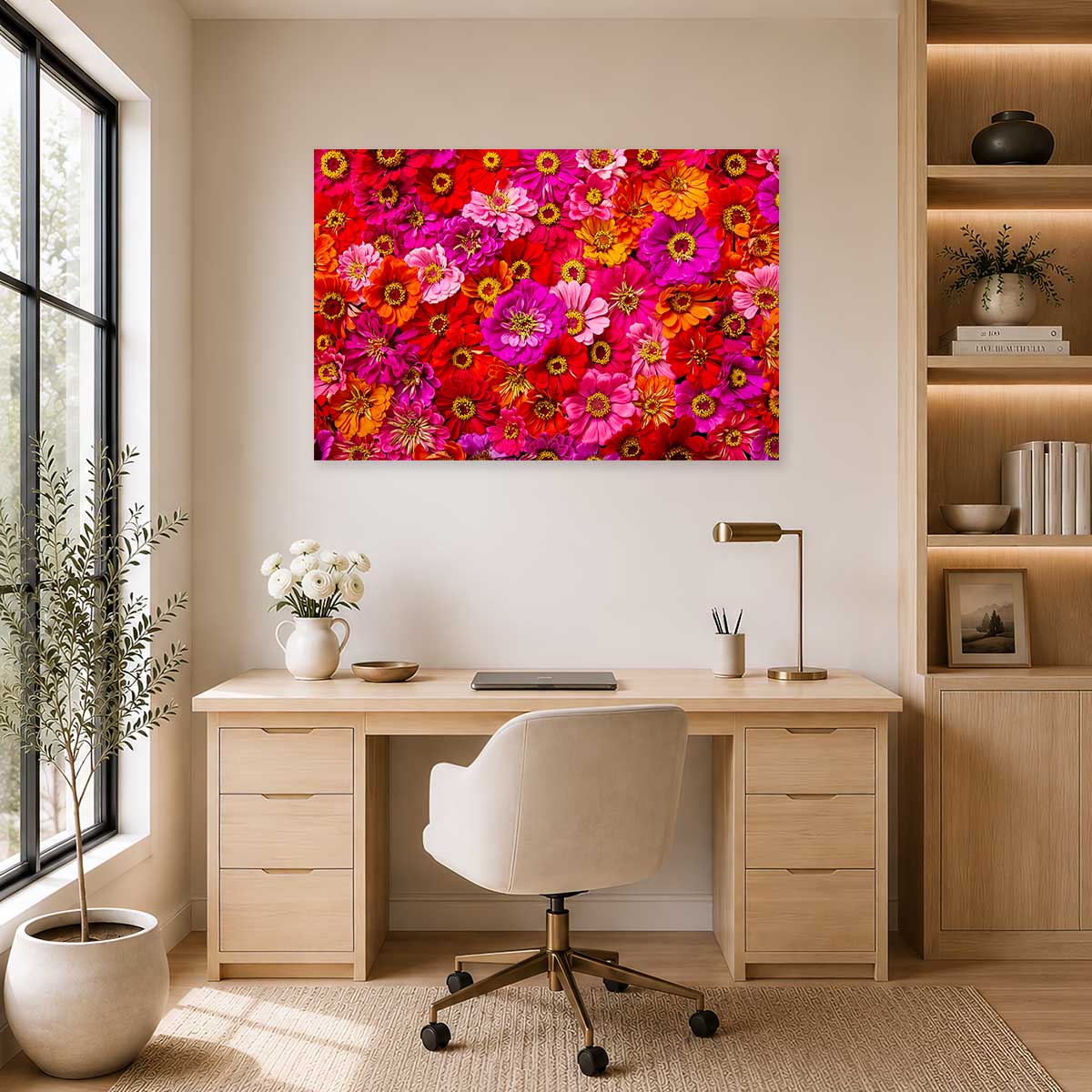 Electric Radiance horizontal vibrant Zinnia wall art canvas with unframed gold frame look and bright pink flowers