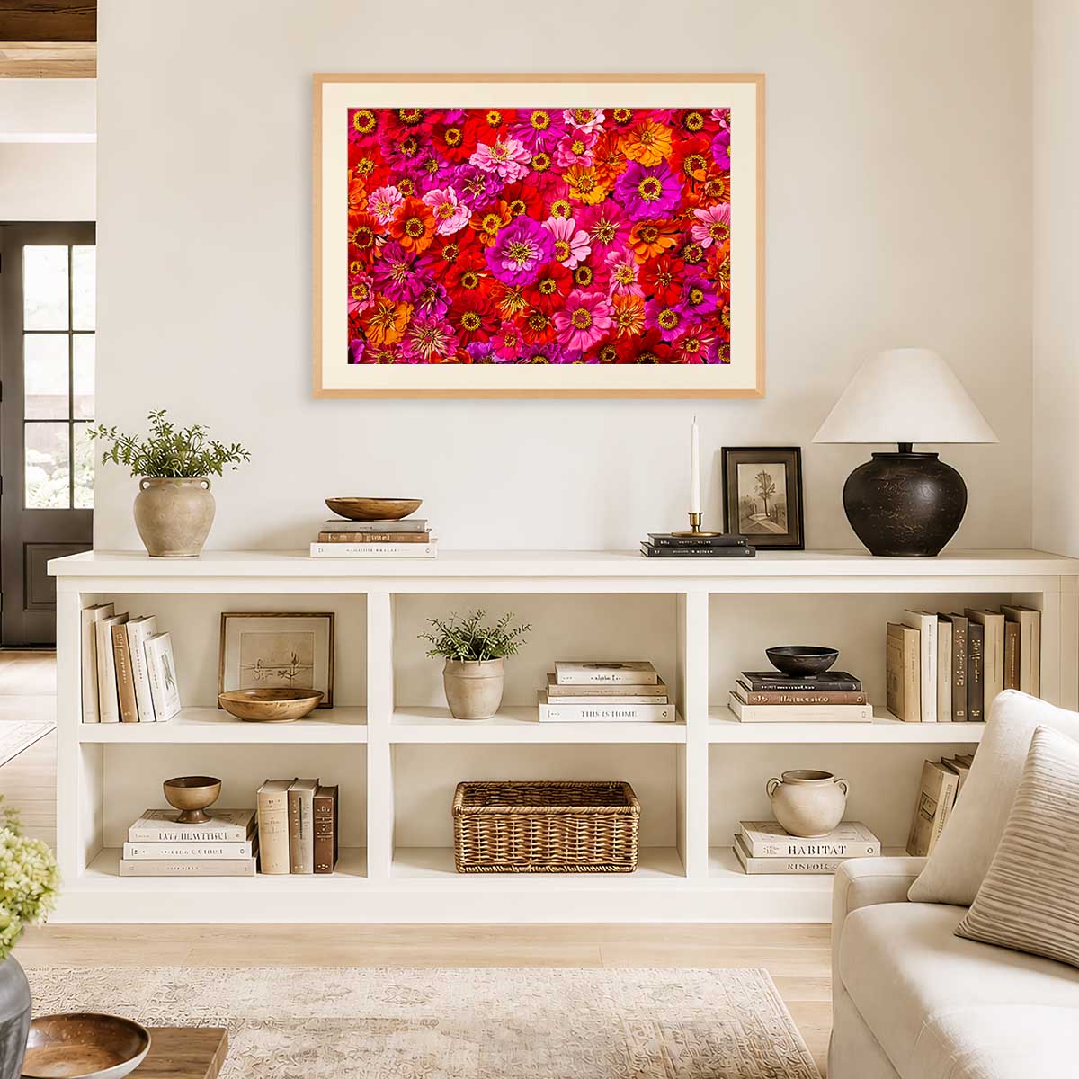 Electric Radiance Horizontal Vibrant Zinnia Wall Art Print with gold wall art style flowers in a light wood frame