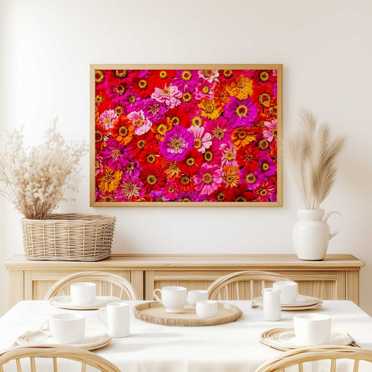 Electric Radiance Horizontal Vibrant Zinnia Wall Art Canvas with gold framed horizontal flower zinnia print