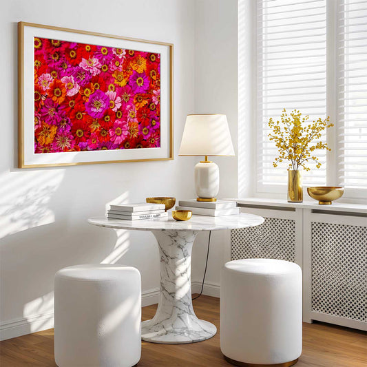 Electric Radiance Horizontal Vibrant Zinnia Wall Art Print with gold frame, colorful flowers in a bright room