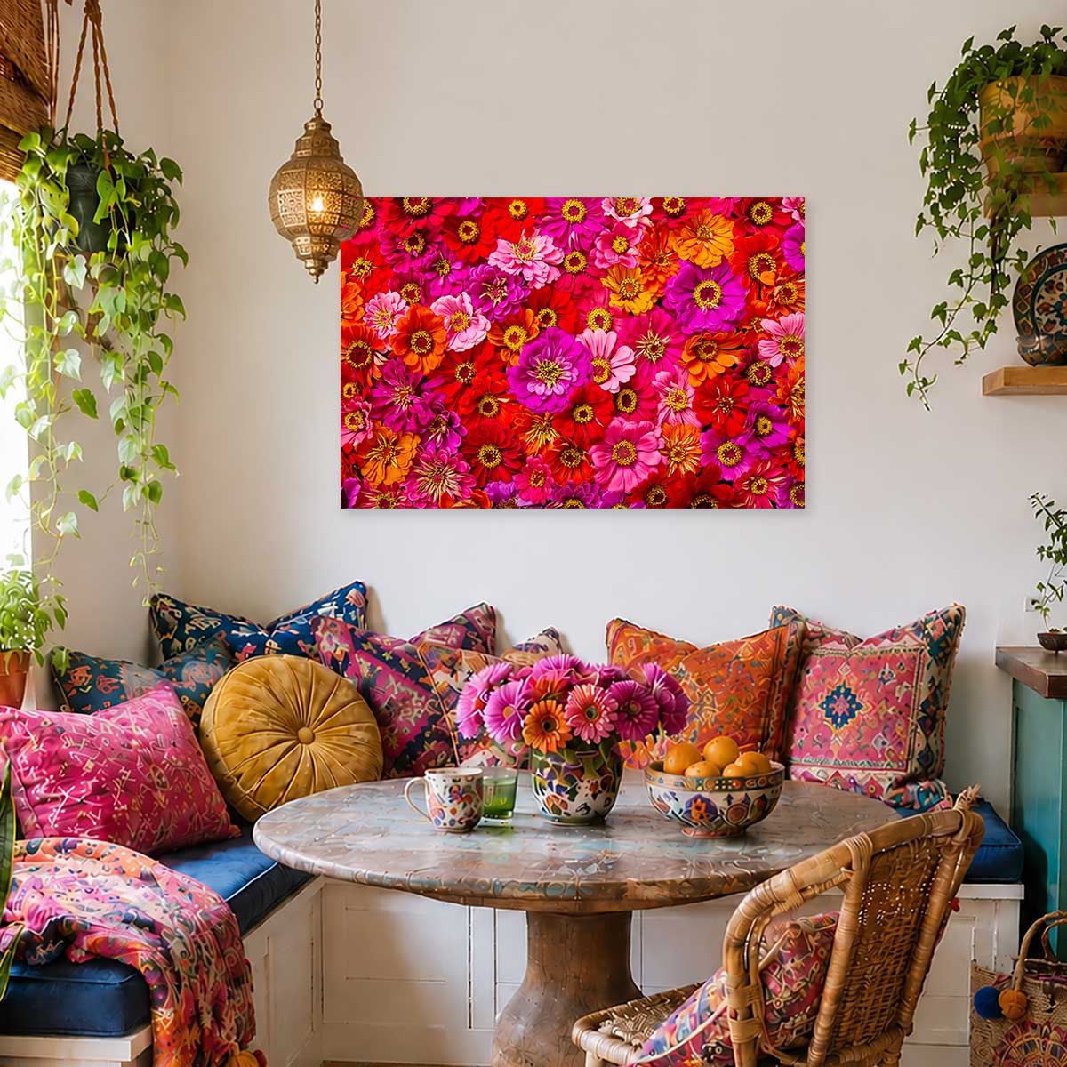 Electric Radiance horizontal vibrant zinnia wall art canvas with gold earrings style hanging decor