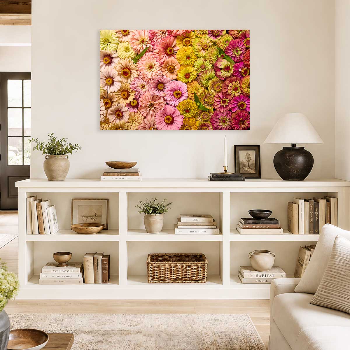 Dawn To Dusk- Horizontal Zinnia Wall Art Canvas with gold wall art, unframed floral canvas print