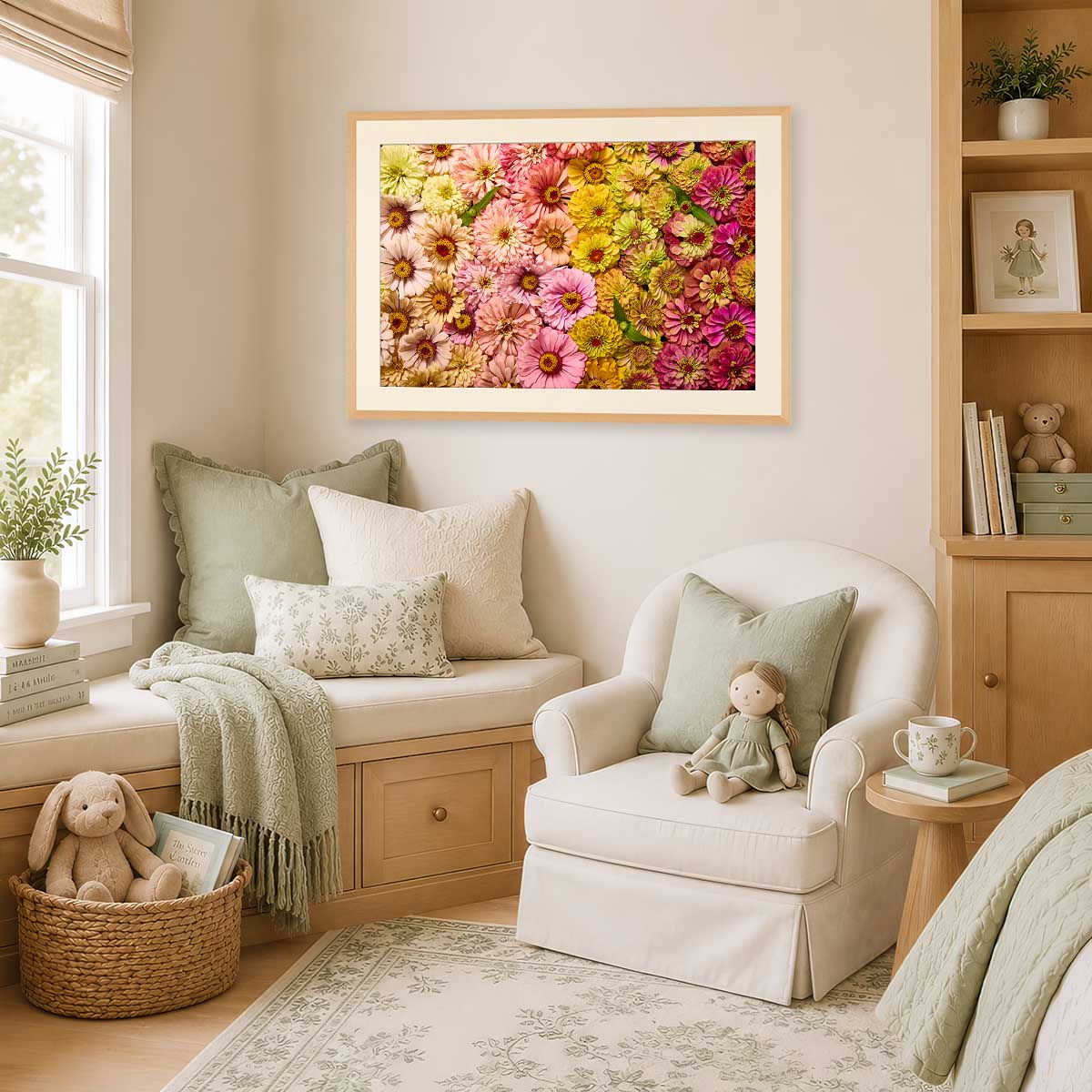 Dawn To Dusk Horizontal Zinnia wall art print in a gold frame with vibrant pink and yellow flowers