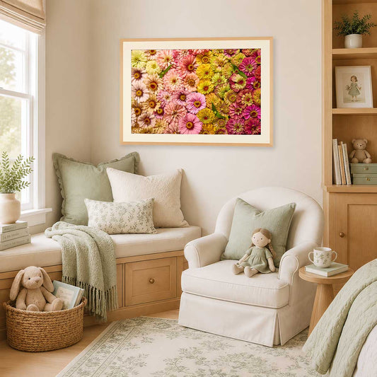 Dawn To Dusk Horizontal Zinnia wall art print in a gold frame with vibrant pink and yellow flowers