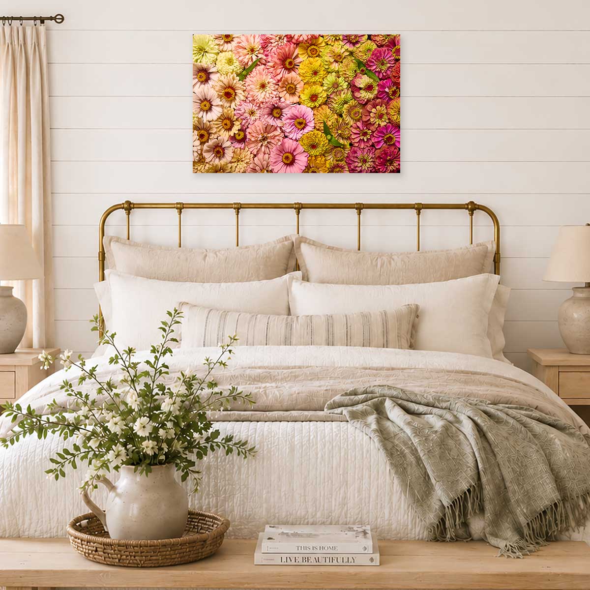 Dawn To Dusk Horizontal Zinnia Wall Art Canvas, gold framed look, bright pink and yellow zinnias bouquet