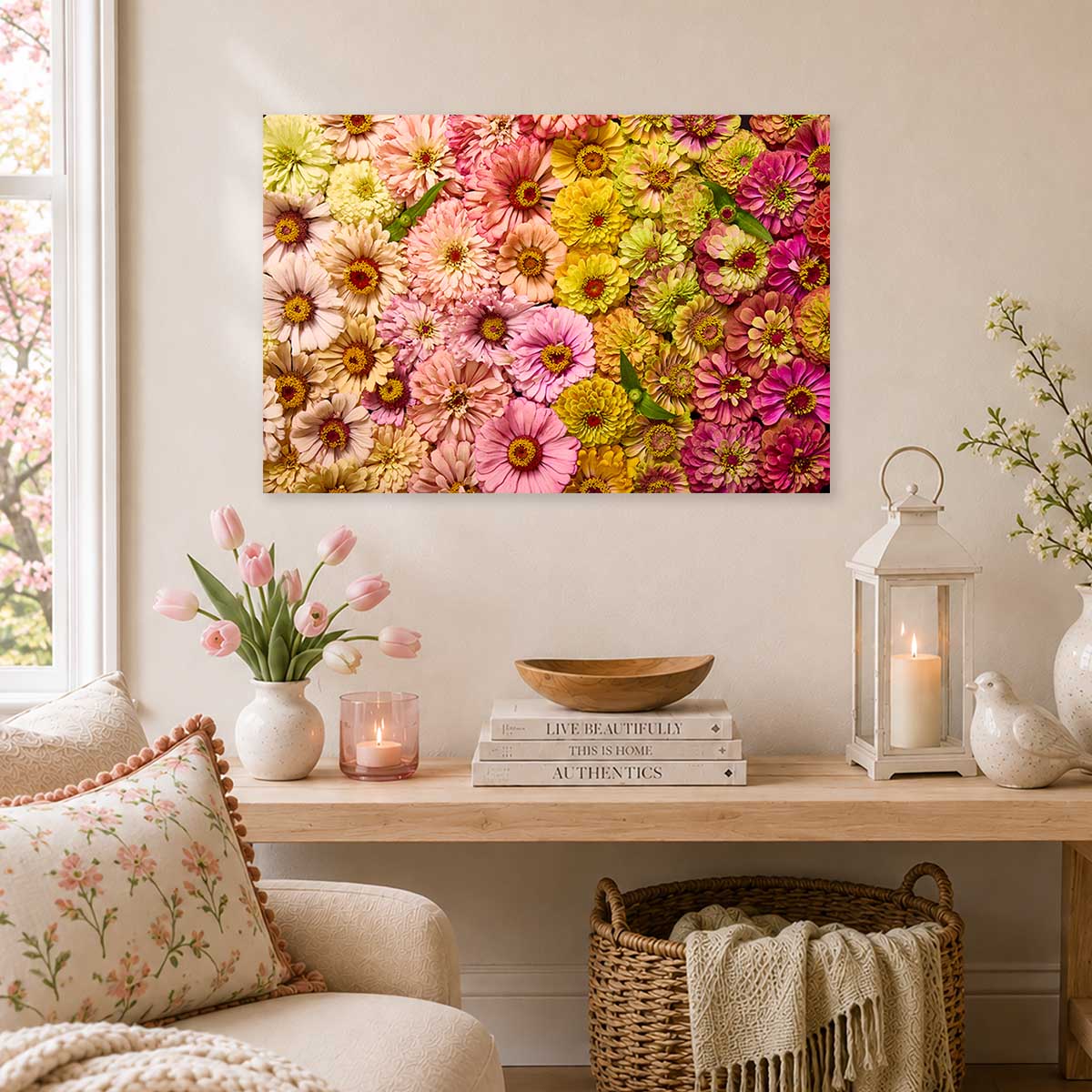 Dawn To Dusk Horizontal Zinnia Wall Art Canvas with vibrant pink, yellow, and gold flowers