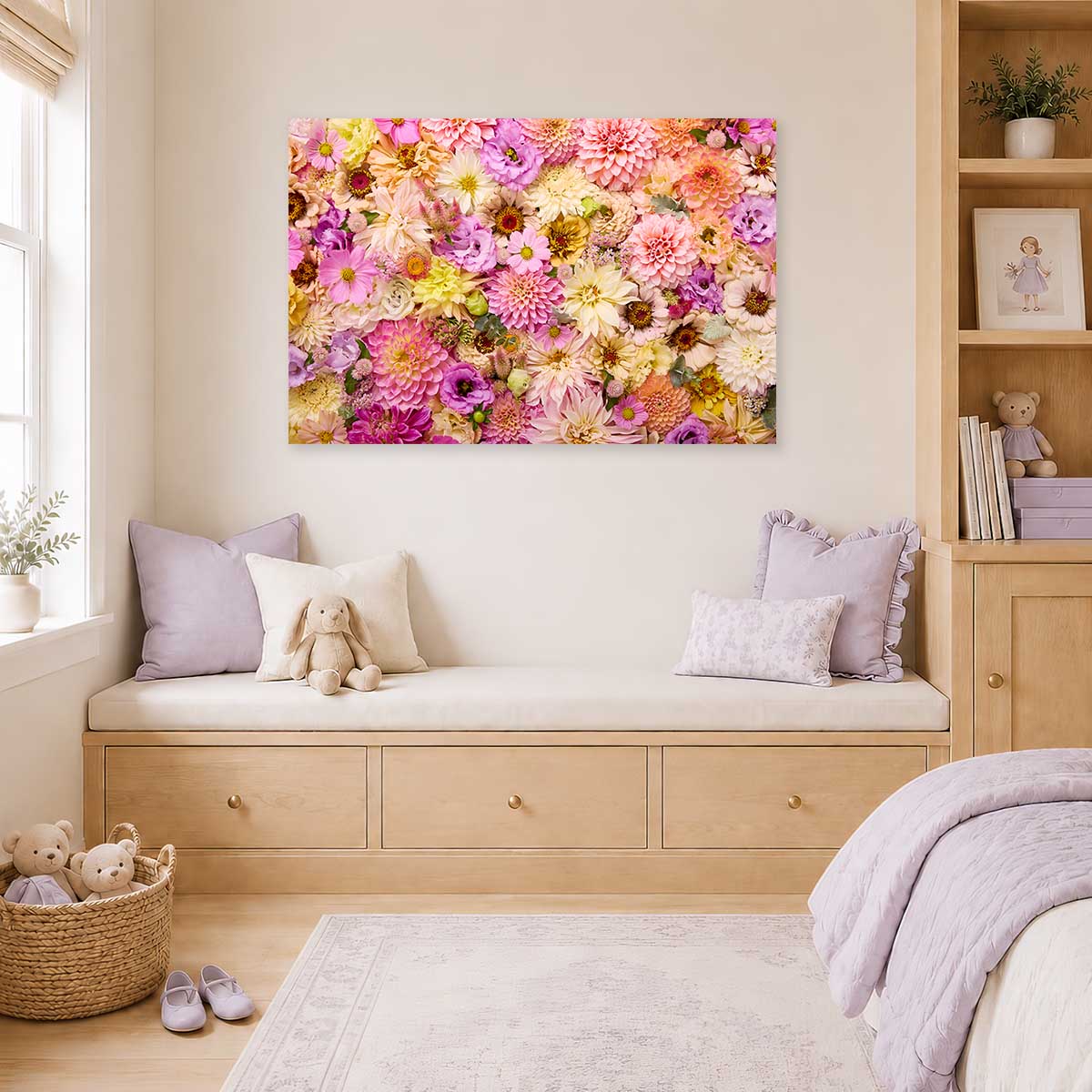 Summer's Romance Horizontal Floral Wall Art Canvas with colorful pink and gold flowers for home decor