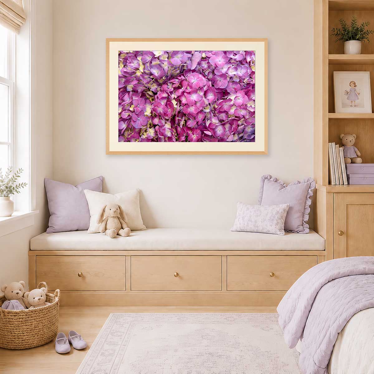 Purple Radiance horizontal hydrangea wall art print with layered petal texture in vibrant purple