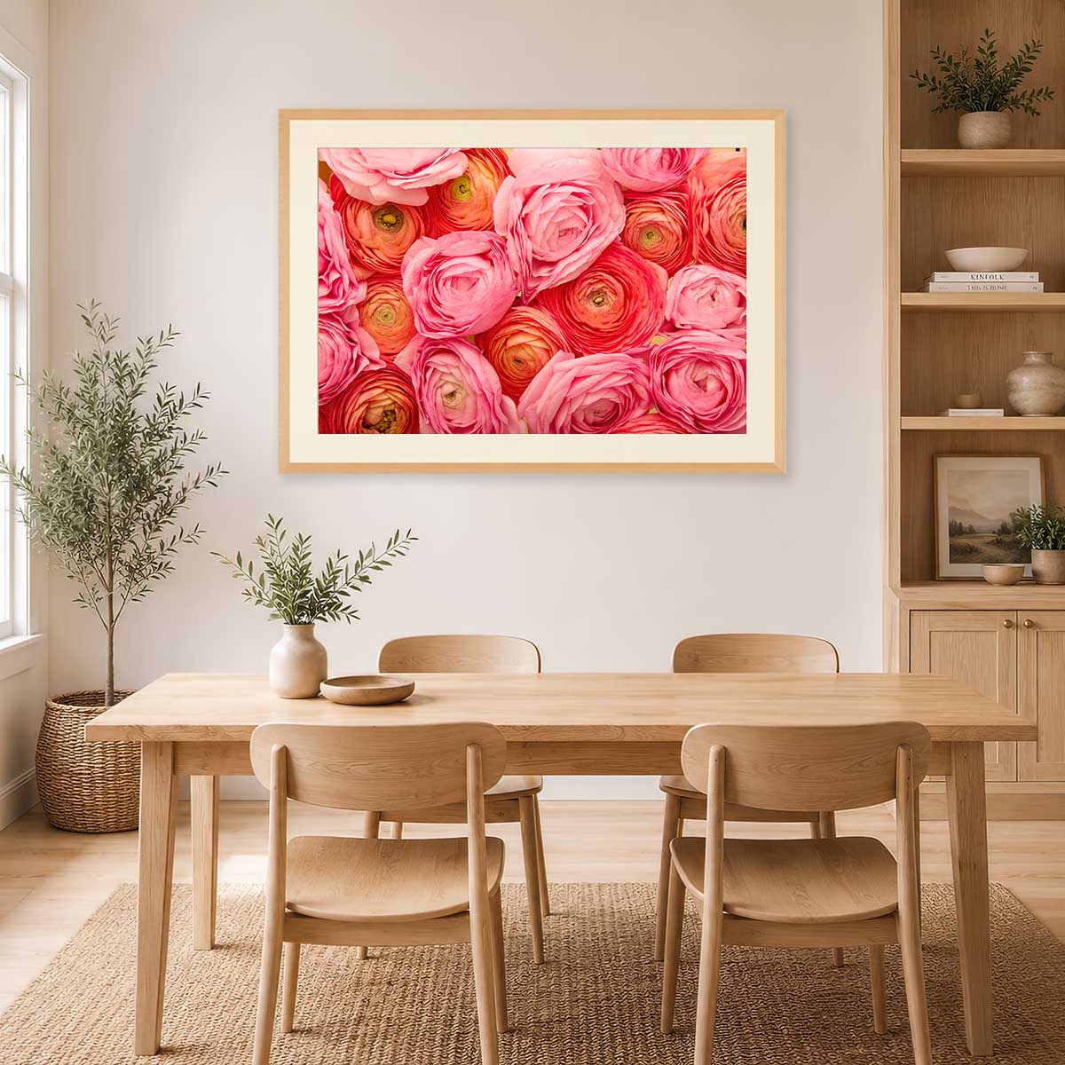 Layers Of Love Horizontal Ranunculus Wall Art Print with pink and coral ranunculus blooms in a warm room