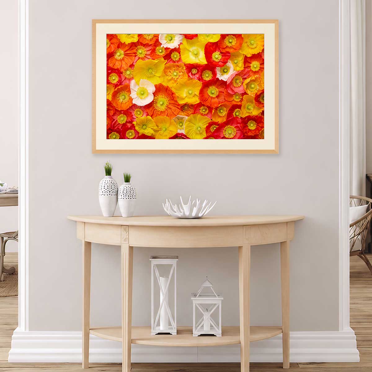 Glowing Fields Of Poppies Horizontal Wall Art Print with gold framed poppies in warm red and yellow