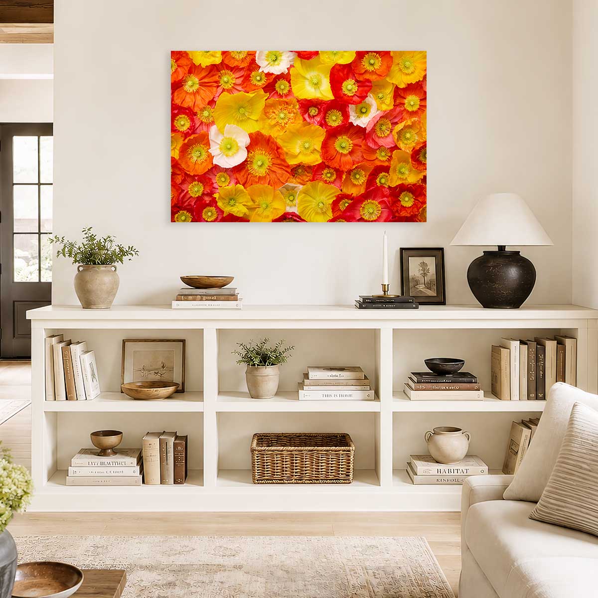 Glowing Fields Of Poppies Horizontal Wall Art Canvas with wall art of vibrant orange and yellow poppies