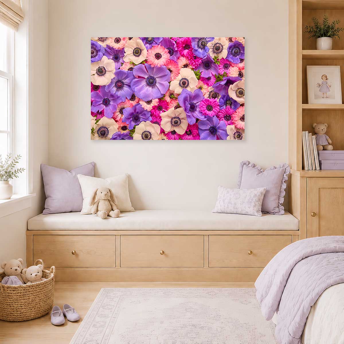 Purple Passion Horizontal Anemone Wall Art Canvas with vibrant purple and pink flowers in a living room