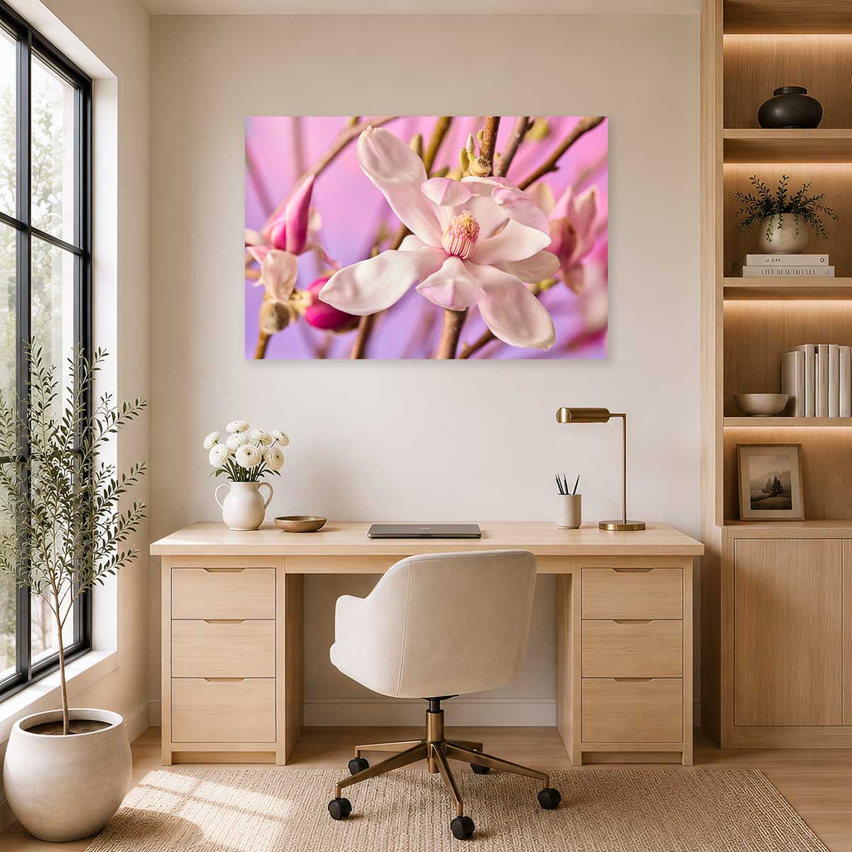 Magnolia Whisper Wall Art Canvas pink floral wall art with soft petals and a bright living room setting