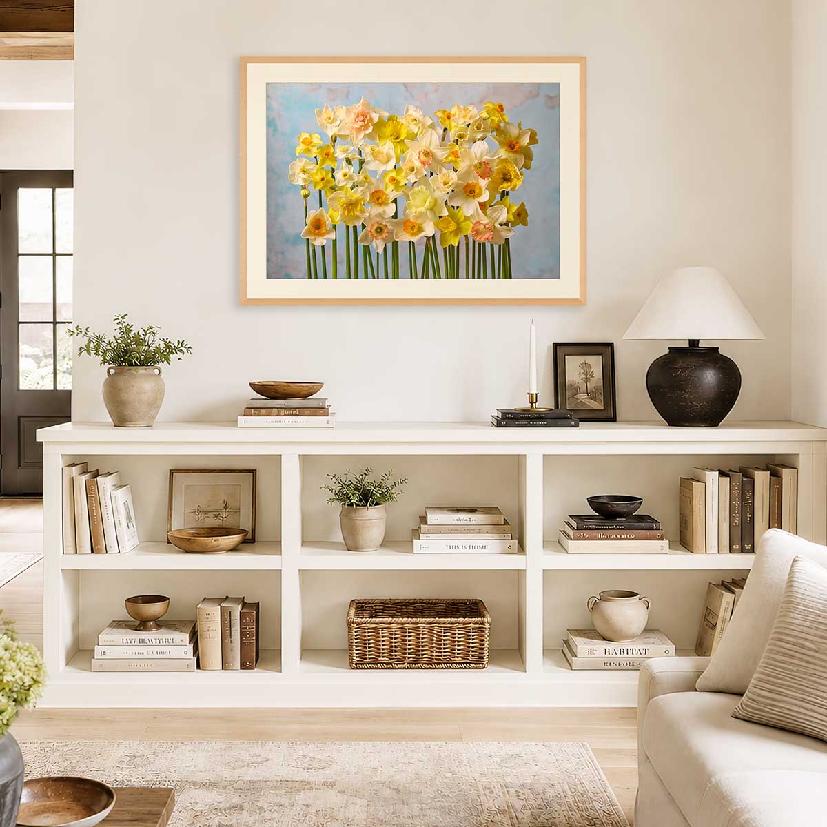 Daffodil Choir Wall Art Print gold wall art floral print in a warm living room with framed flowers