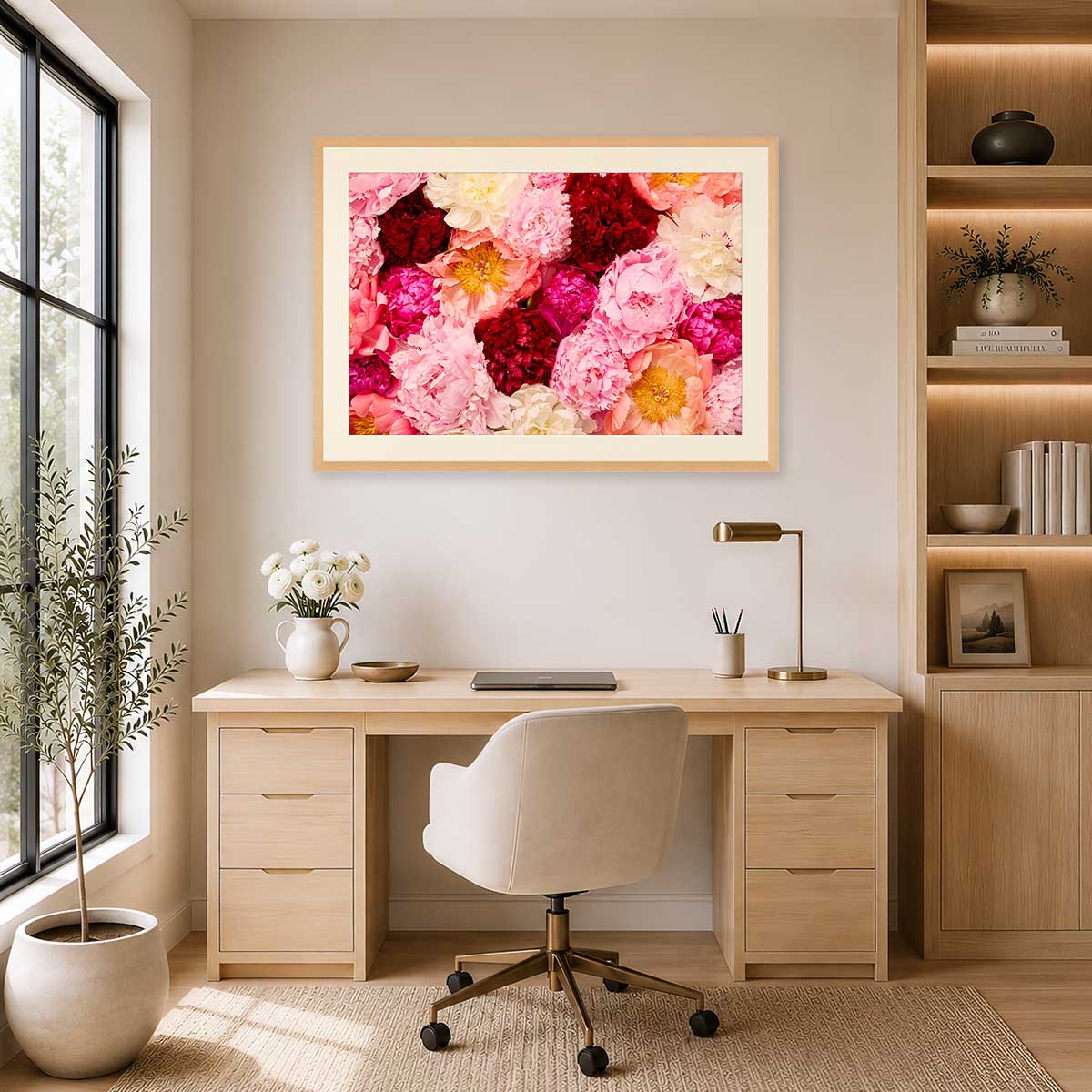 Peony Rhapsody- Horizontal Wall Art Print with blush and coral peonies, gold wall art in a bright room