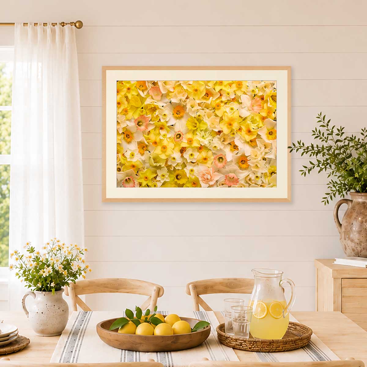 Daffodil Dreams Horizontal Wall Art Print with gold accents, framed floral daffodil bouquet on a living room wall