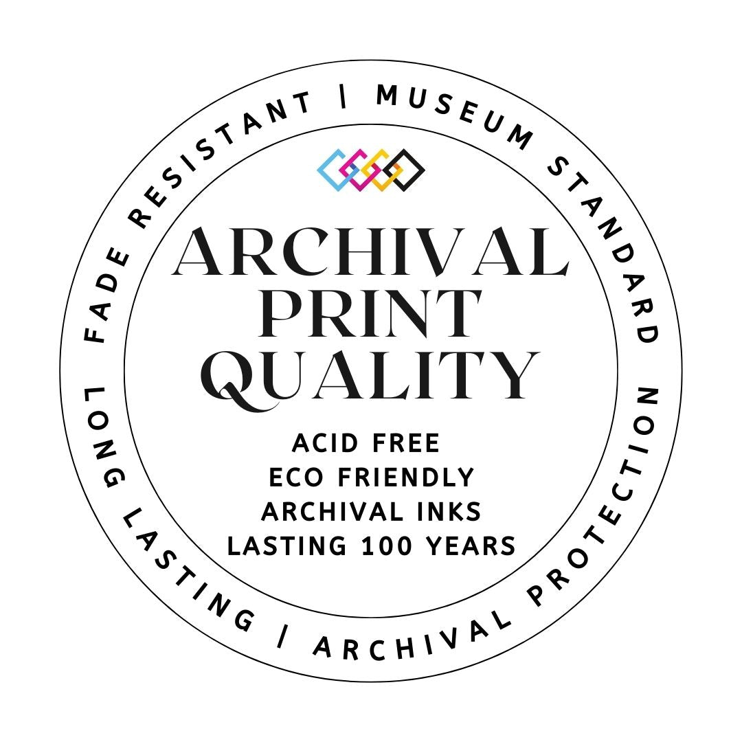 The Steeping Beauty seal features the phrases: Archival Print Quality, Acid Free, Eco Friendly, Archival Inks, and Lasting 100 Years. The outer ring says: Long Fade Resistant | Museum Standard | Lasting | Archival Protection. Ideal for canvas or fine art paper prints with colorful diamond shapes.