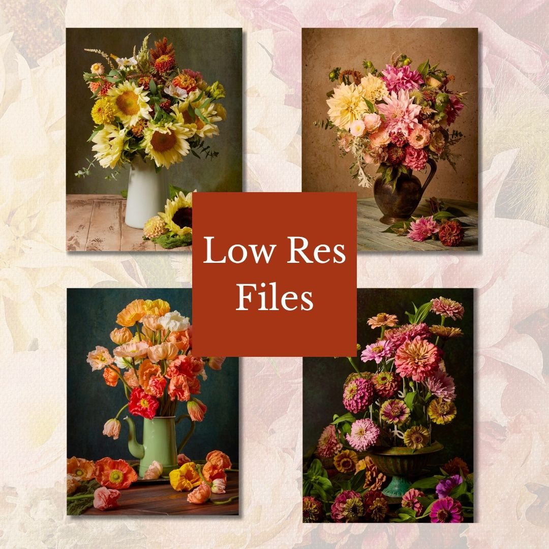 Four floral arrangements in vases with a 'Low Res Files' label on a textured background.