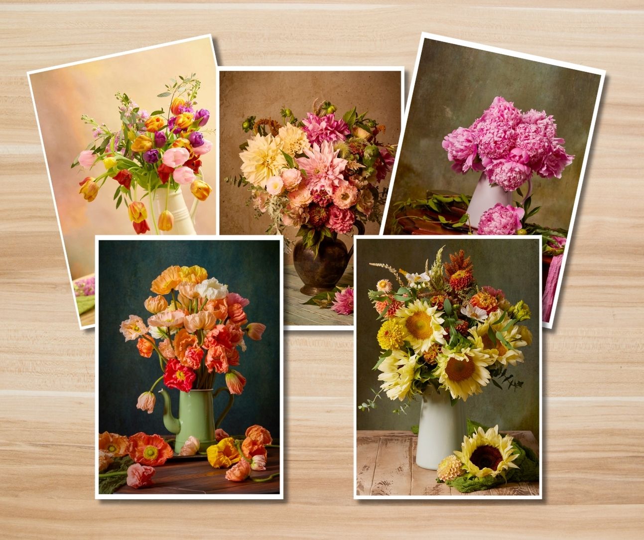 Displayed on a wooden surface are five flower arrangements with sunflowers, peonies, and mixed blossoms. Each features unique colors of pink, yellow, orange, and white. Get a Free 5x7 inch print with every purchase over $138.