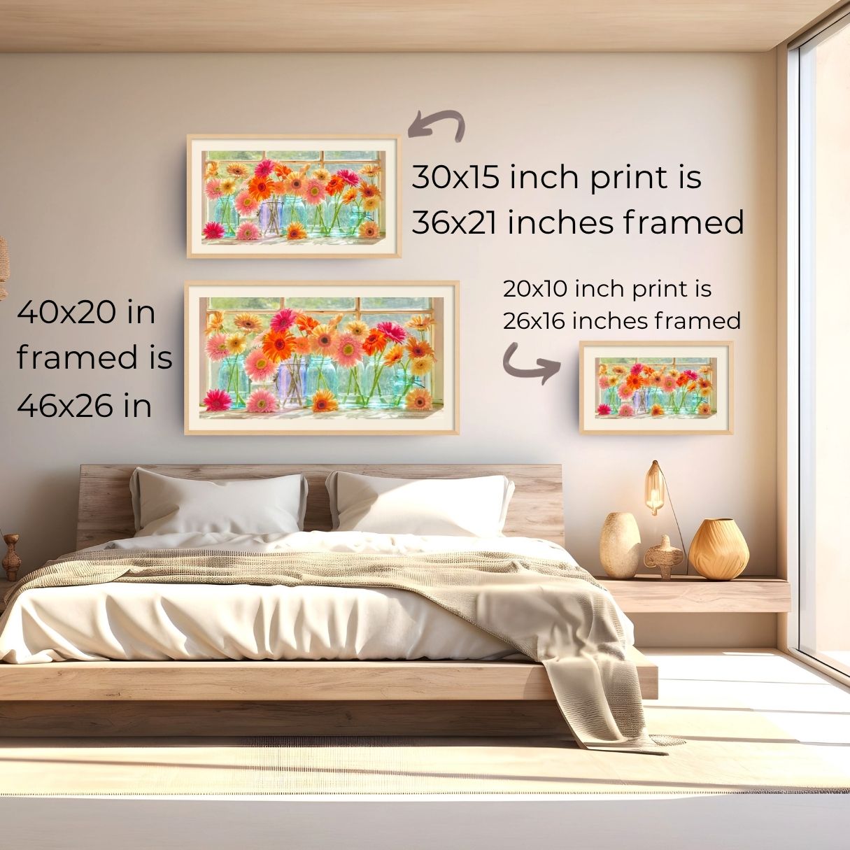 Image of a bedroom showing the "Last Days of Summer" print, framed with a cream mat and a maple frame. Three different sizes, with text saying the size of each frame: 40 by 20 inches, 30 by 15 inches, and 20 by 10 inches. 