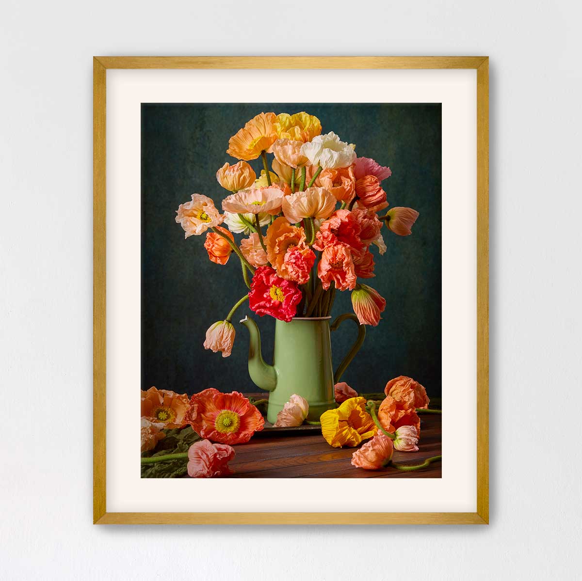 A framed still life painting depicting a vase filled with a variety of colorful flowers, including red, orange, and yellow blooms, set against a dark background.