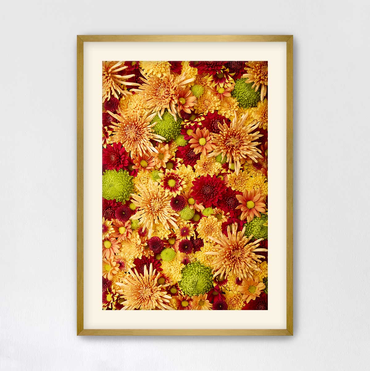 The image is a framed collage of various colorful flowers, including red, orange, yellow, and green blooms, arranged in a visually appealing manner.