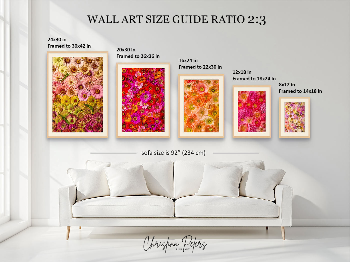 A wall art size guide mockup showing five framed floral prints in different sizes mounted above a white sofa in a bright living room. Text at the top reads 'WALL ART SIZE GUIDE RATIO 2:3 with dimensions and frame sizes labeled for each artwork, and the brand name 'Christina Peters' appears at the bottom.