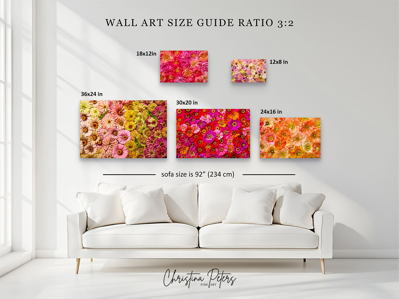 A wall art size guide mockup showing five colorful floral canvas prints above a white sofa in a bright room. Text labels indicate different print sizes (12x8 in, 18x12 in, 12x8 in, 30x20 in, 24x16 in) and a sofa size of 92" (234 cm).
