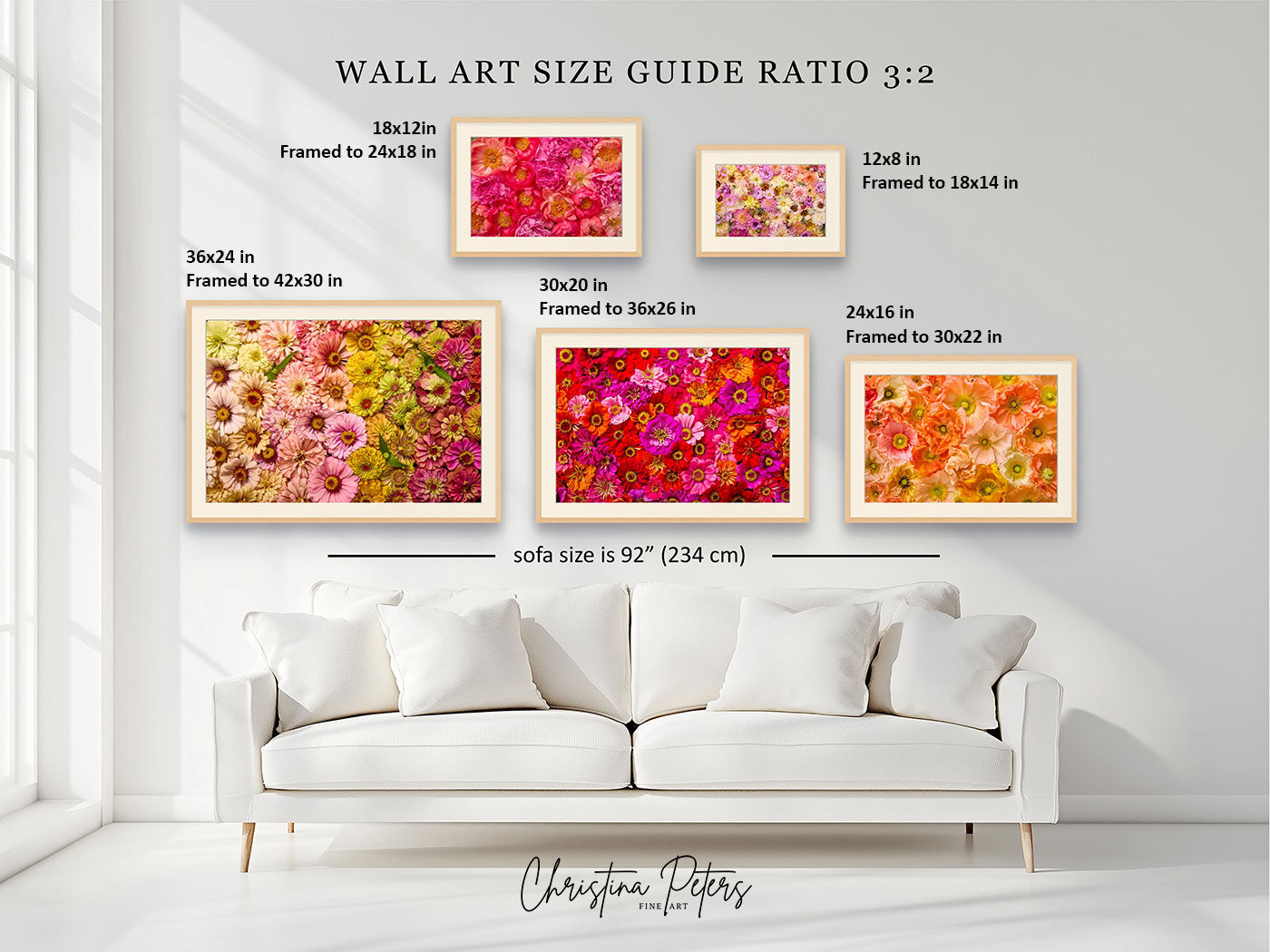 A wall art size guide mockup showing five framed floral prints mounted above a white sofa in a bright room. Text labels indicate different framed sizes and a 3:2 ratio guide, with the brand name Christina Peters Design visible at the bottom.