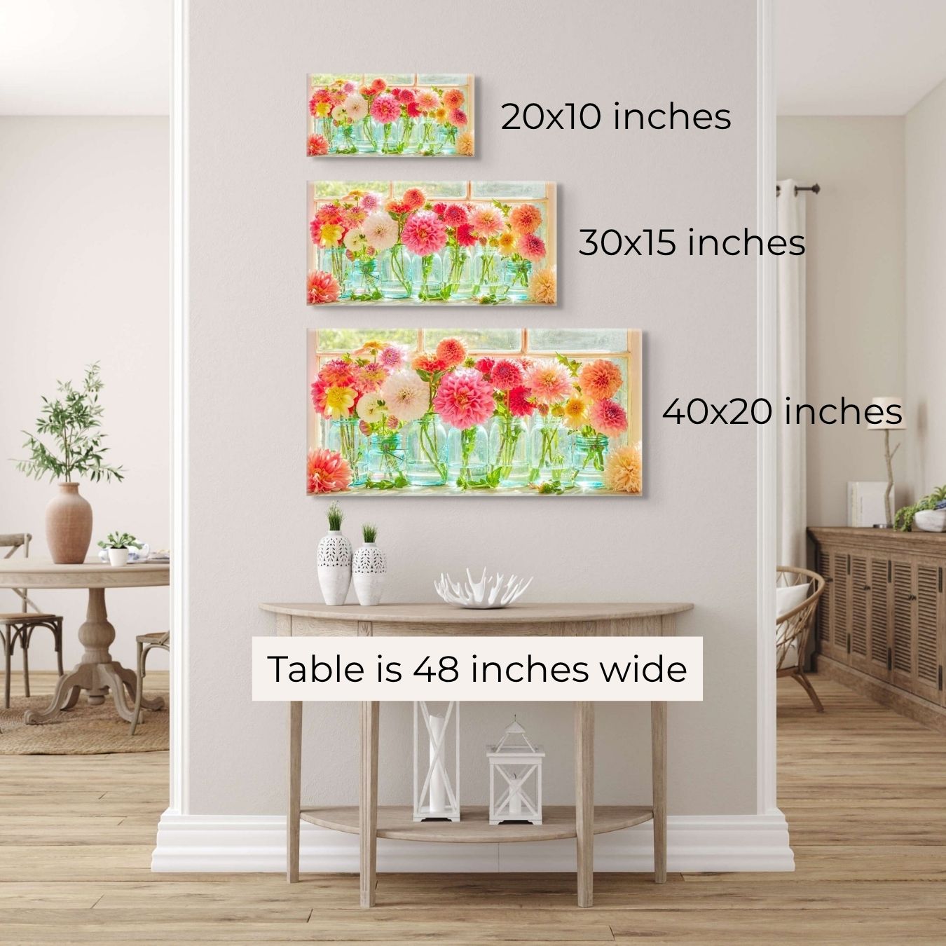 Three sizes of Last Days Of Summer canvas showing 40x20 inches, 30x15 and 20x10 inches on a beige wall with a console table underneath